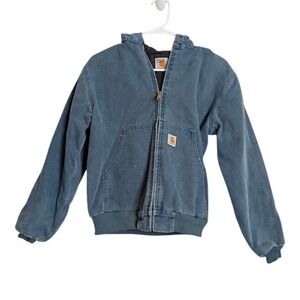 Vintage Kids Boys Carhartt Quilted Lined Duck Canvas Bomber Jacket Blue